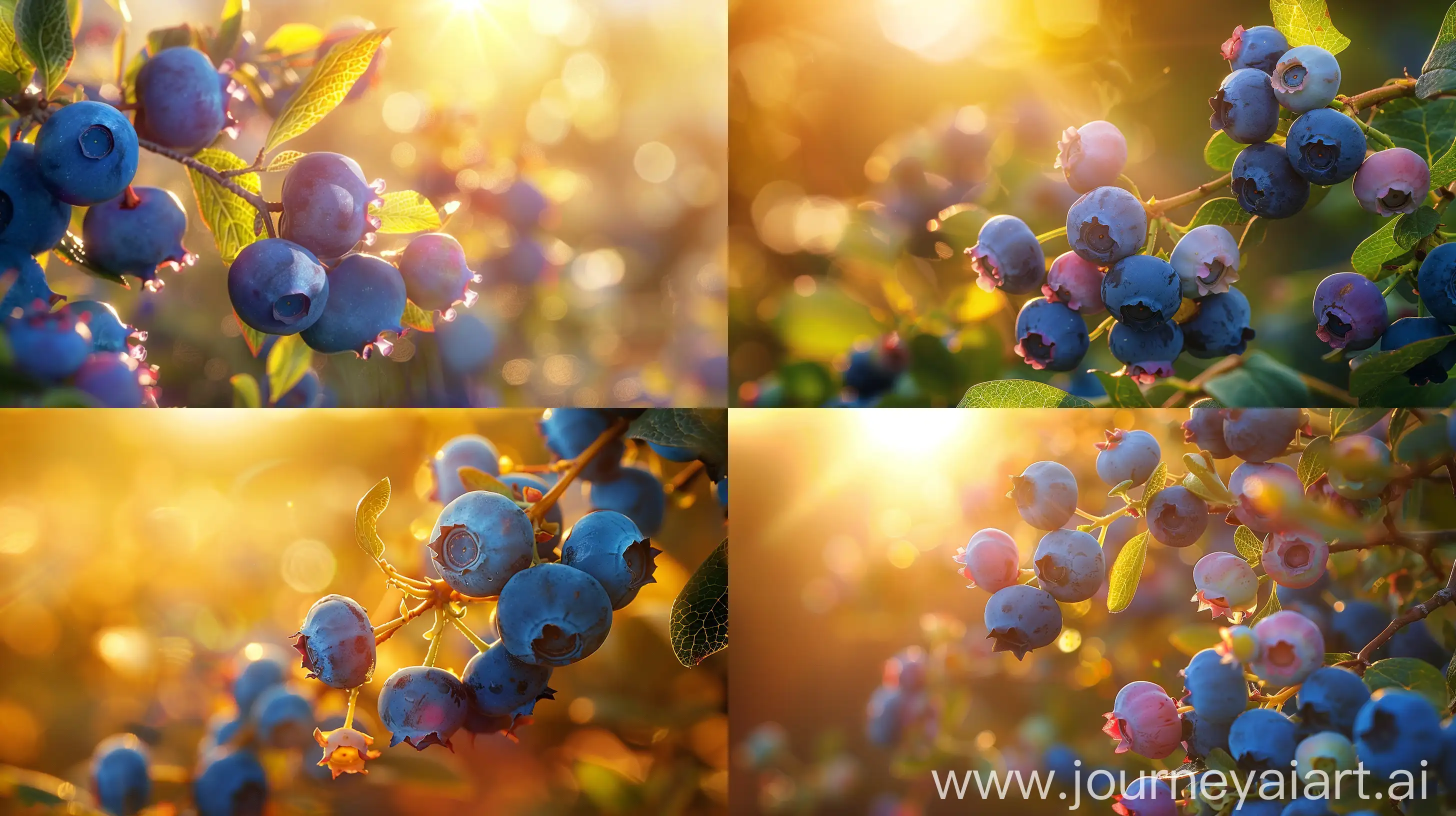 High detailed photo capturing a Blueberry, Favorite Collection. The sun, casting a warm, golden glow, bathes the scene in a serene ambiance, illuminating the intricate details of each element. The composition centers on a Blueberry, Favorite Collection. Collection includes one plant each of: Bluejay; medium-large berries in mid-season. Blueray; very sweet, extra-large early berry. Coville; late-season favorite with high yields. Herbert; jumbo-sized fruits, rich and sweet.. The image evokes a sense of tranquility and natural beauty, inviting viewers to immerse themselves in the splendor of the landscape. --ar 16:9 