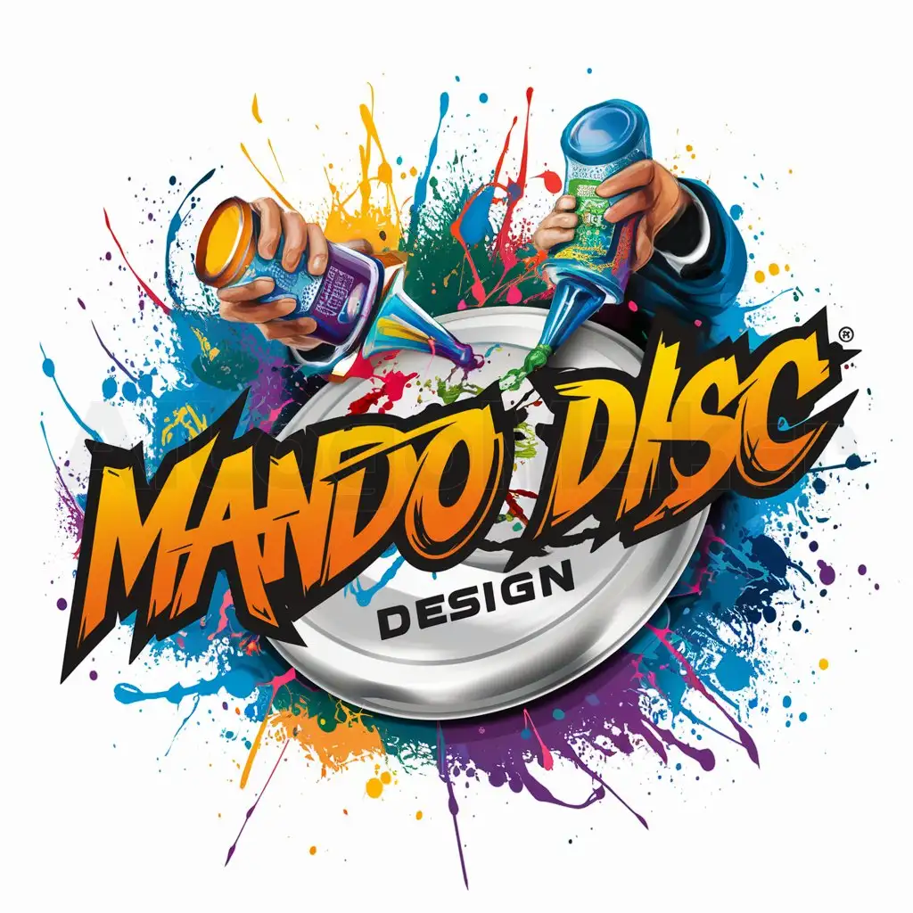 a logo design,with the text: Mando disc design, main symbol:Deep bright splashy colors, edgy and cool graffiti style text, a graffiti artist's squeezes paint from squeeze bottles onto a Frisbee laying at an angle on a surface. The artist paints the frisbee in a frenzy of paint flying and splashing everywhere,complex,clear background