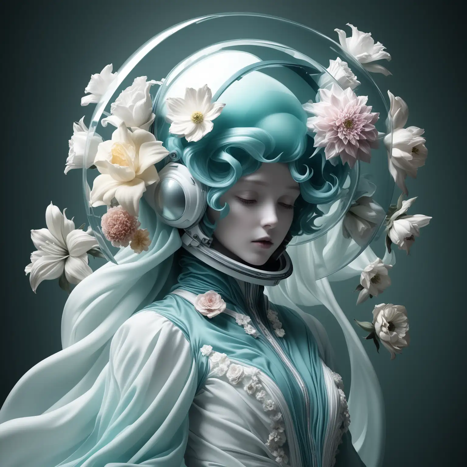 Ethereal Space Helmet Woman in Rococo Pastel Style