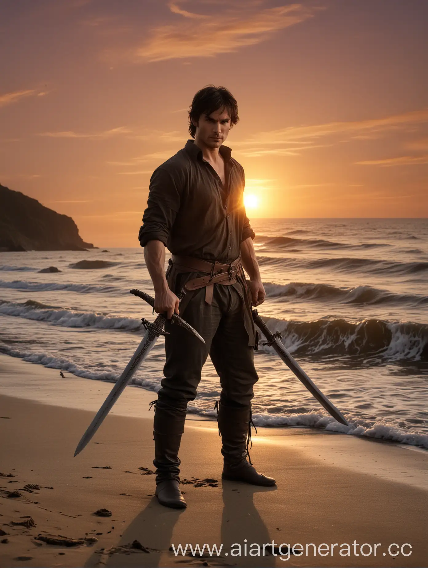 SwordWielding-Hero-Ian-Somerhalder-Silhouetted-Against-Sunset-on-Seashore