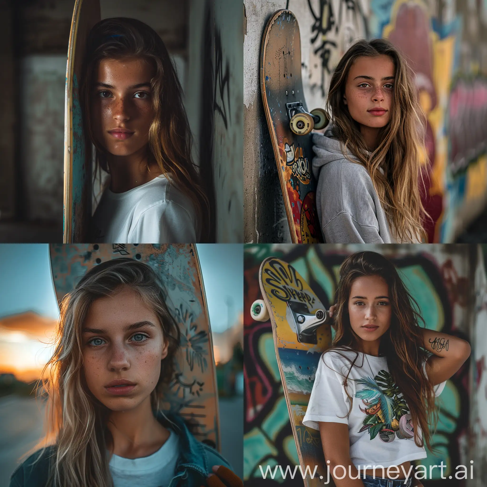 girl holding skateboard in hand , half image , potrait , stock images