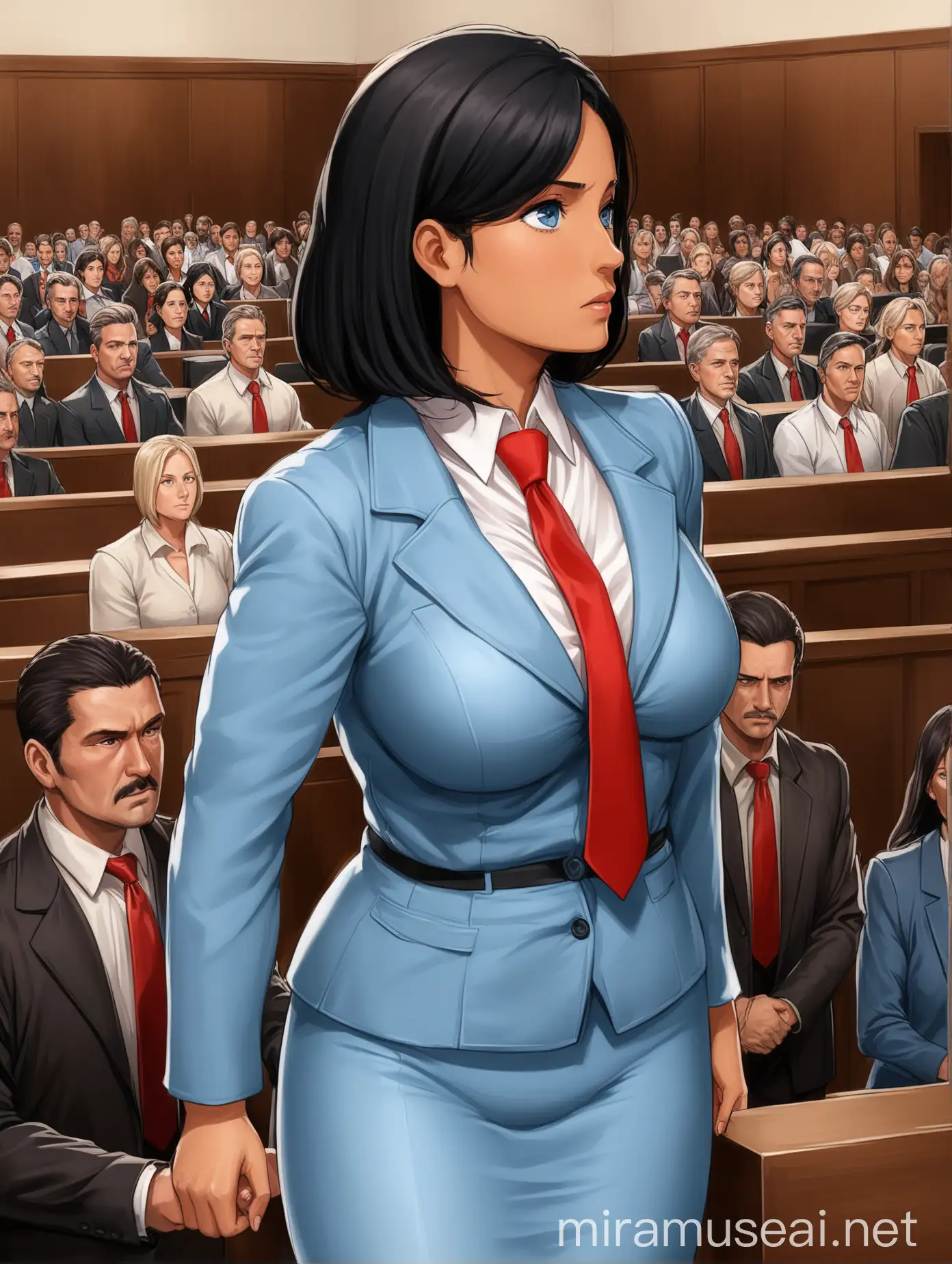 A mature woman; probably 35 years old; with mid black styled hair, light tanned complexion, dark blue eyes; tall but slightly curvy figure; wears a light blue skirtsuit, a white dress shirt tucked in her skirt, red necktie, brown pantyhose and black leather heels; she is in a court room with a lot of spectators, she is a lawyer protecting passionately her client;