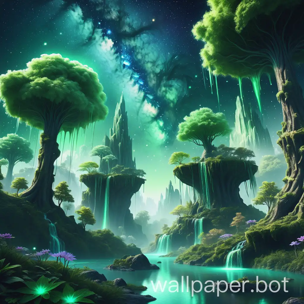 Generate a high-resolution fantasy landscape wallpaper. The scene should include a whimsical, magical forest with floating islands, cascading waterfalls, and glowing flora. The sky should feature a clear view of the Milky Way galaxy, filled with stars and nebulae. Incorporate shades of green to represent mint leaves subtly within the foliage and add gentle green hues to the cosmic elements. Ensure the overall color palette complements the MaterialYou theme, with adaptive tones that can blend seamlessly with different UI accents and themes.