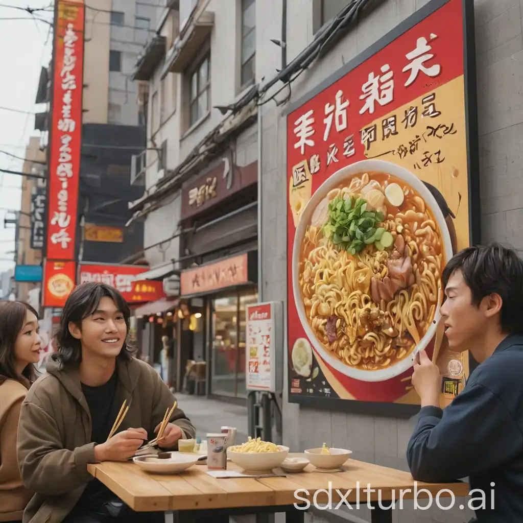 Billboards labeled 'ramen' next to table where a couple is eating ramen