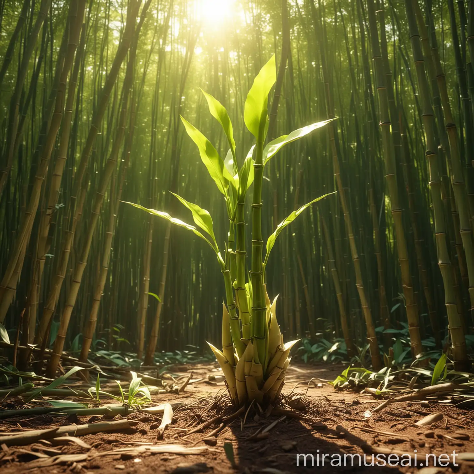 A bamboo shoot growing under the sun，pixar style
