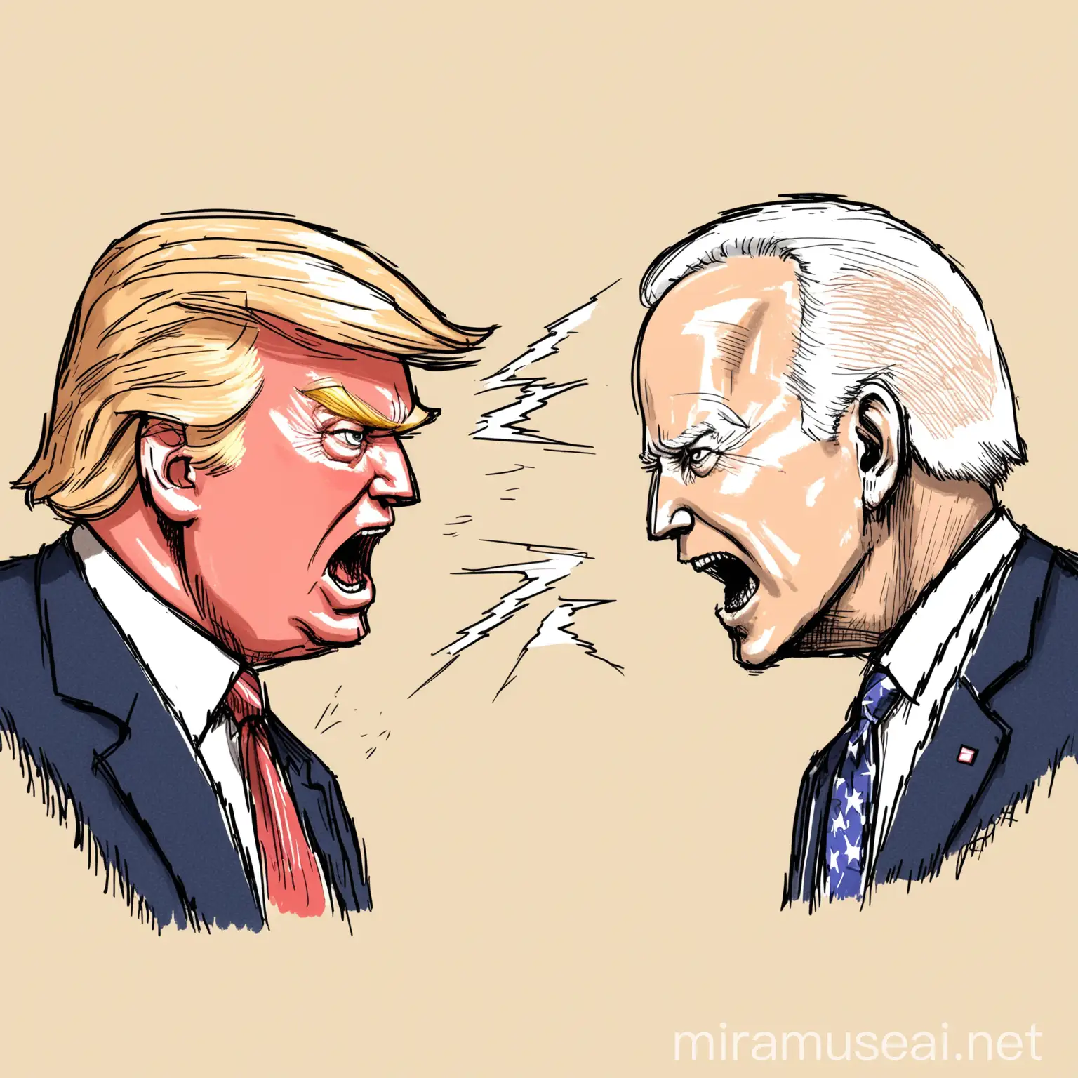 hand drawn illustration of Donald Trump and Joe Biden arguing each other


