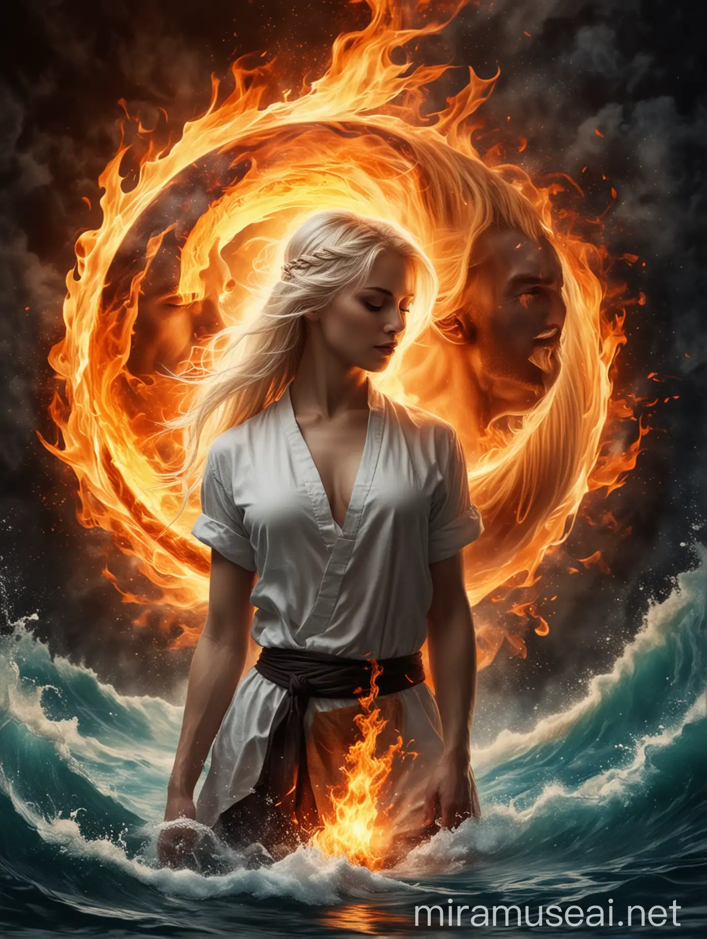 Courageous Man and Beautiful Blonde Woman Amidst Yin Yang Fire and Water