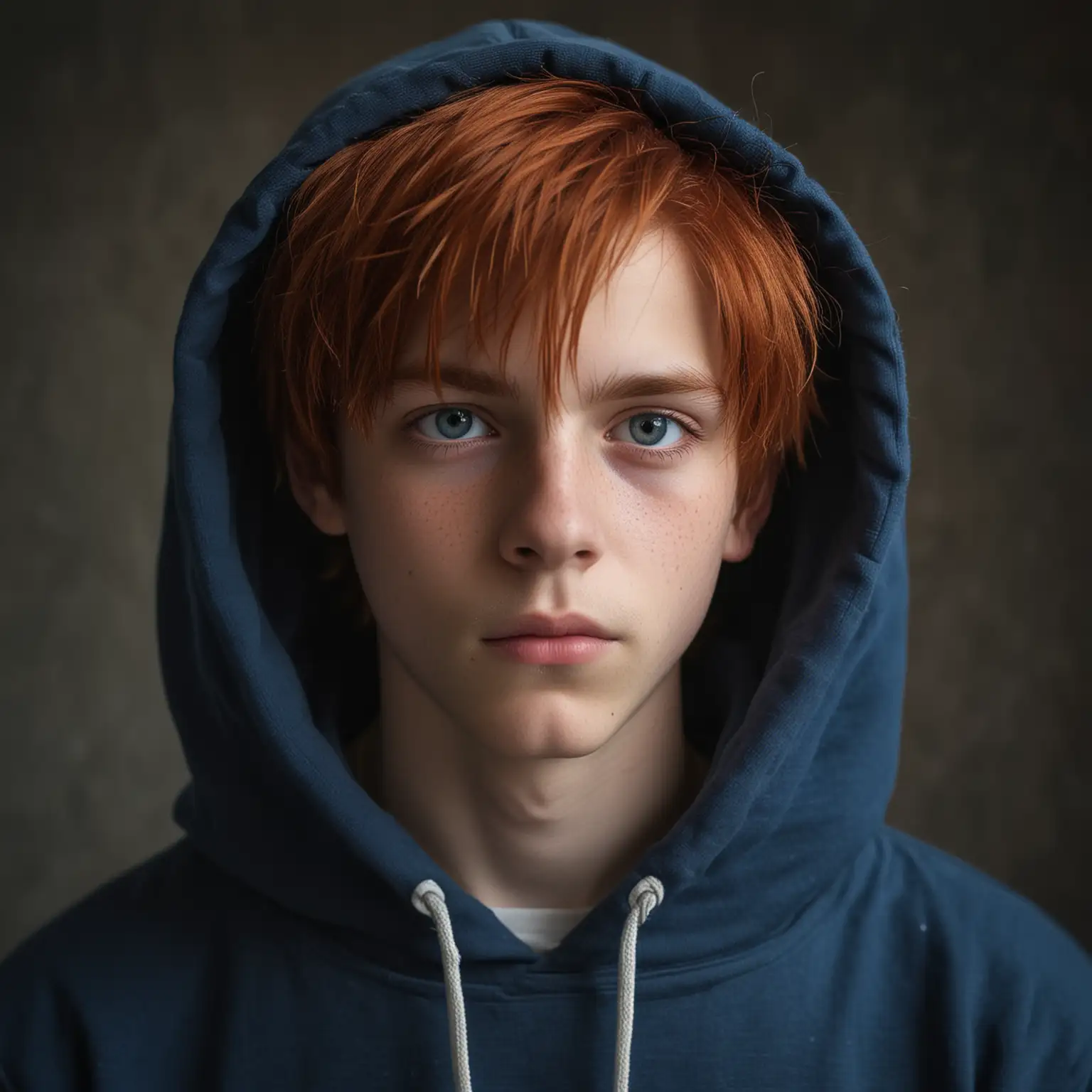Portrait of a romantic Renaissance style red hair uninnocent boy 15 years old looking straight into camera with a patrol blue hoodie. 
Eyes are Blue and uninnocent, dreamy. Hoodie color is dark blue
Round face
Romantic face

