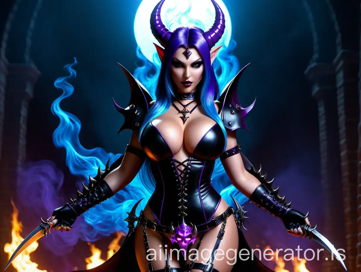 centered ((full body shot)) of an ultra detailed beautiful female demonic succubus, sinister, leather spike, string top, curvy, powerful features, looking away from the camera, malevolent expression, intricate, perfect human face, hell scape setting, purple blue fire everywhere, super highly detailed, smooth, sharp focus, no blur, no dof, extreme illustration, unreal, (alberto seveso art), very large breast,  huge breast, blue, purple