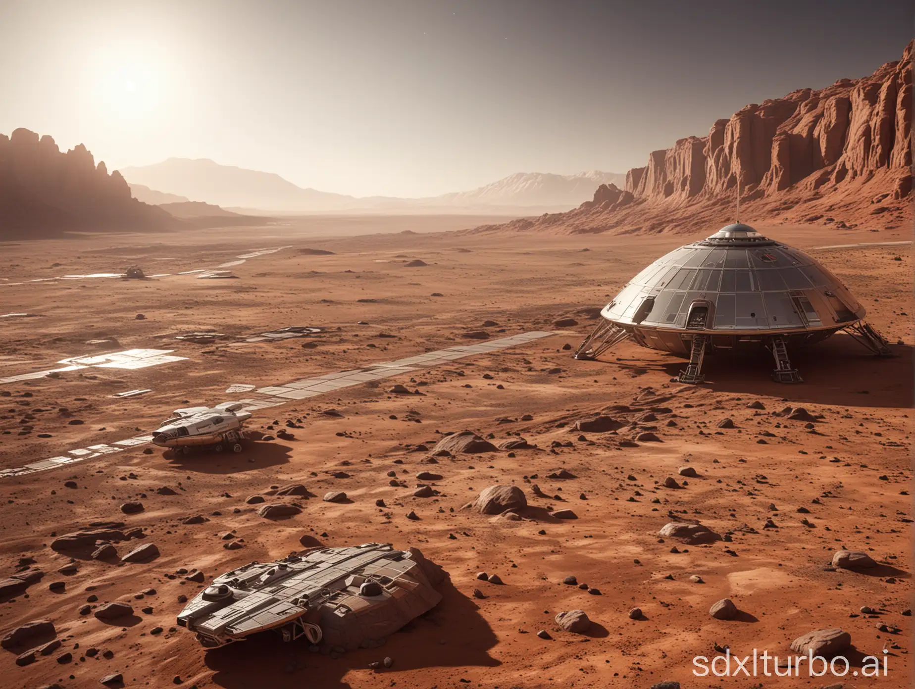 straight angle view, distant view, Martian appearance, sky with spaceship, ground with large glass building base, side oblique lighting, science fiction style