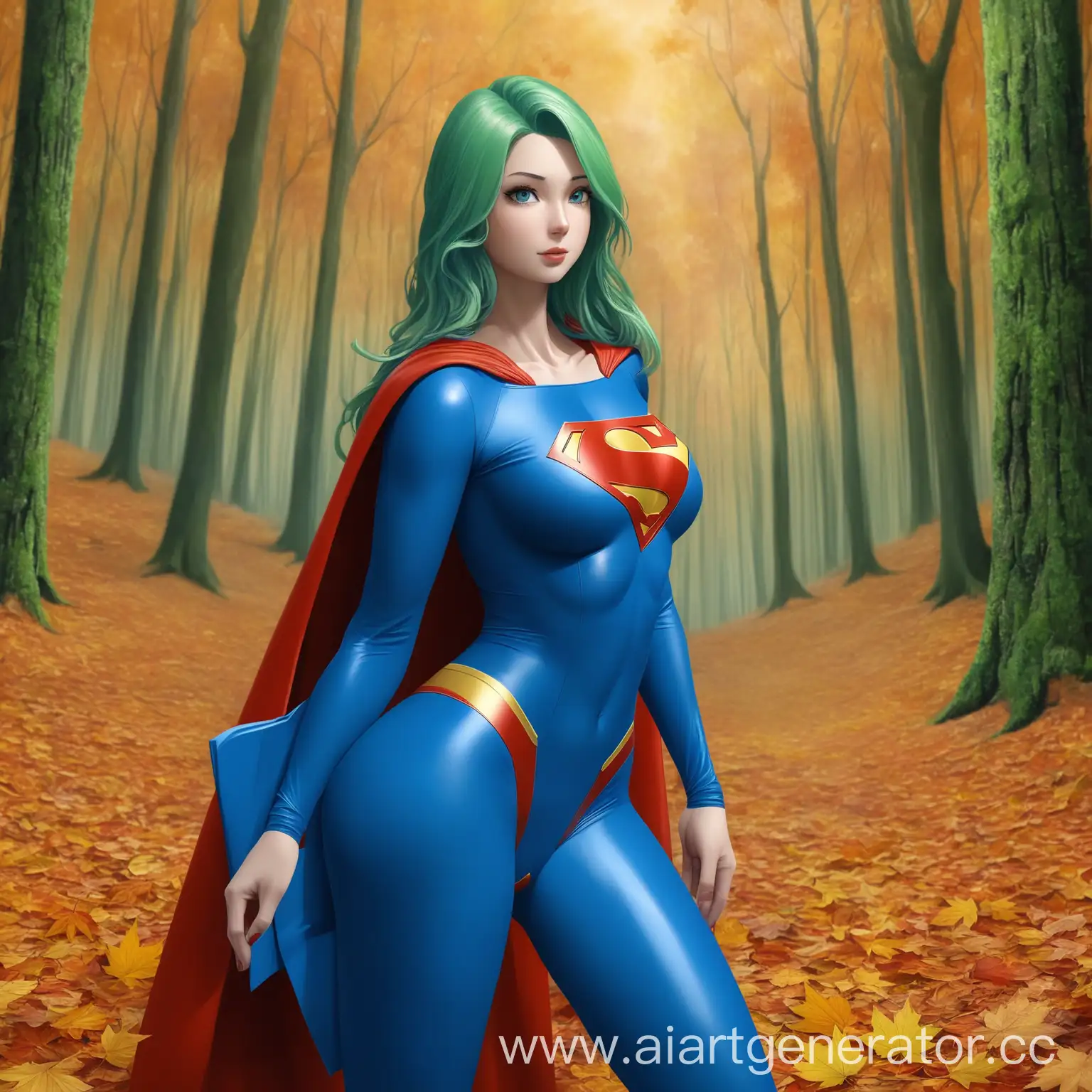 Autumn-Superwoman-in-Superman-Blue-Suit-with-Open-Green-Hair-in-Dense-Forest