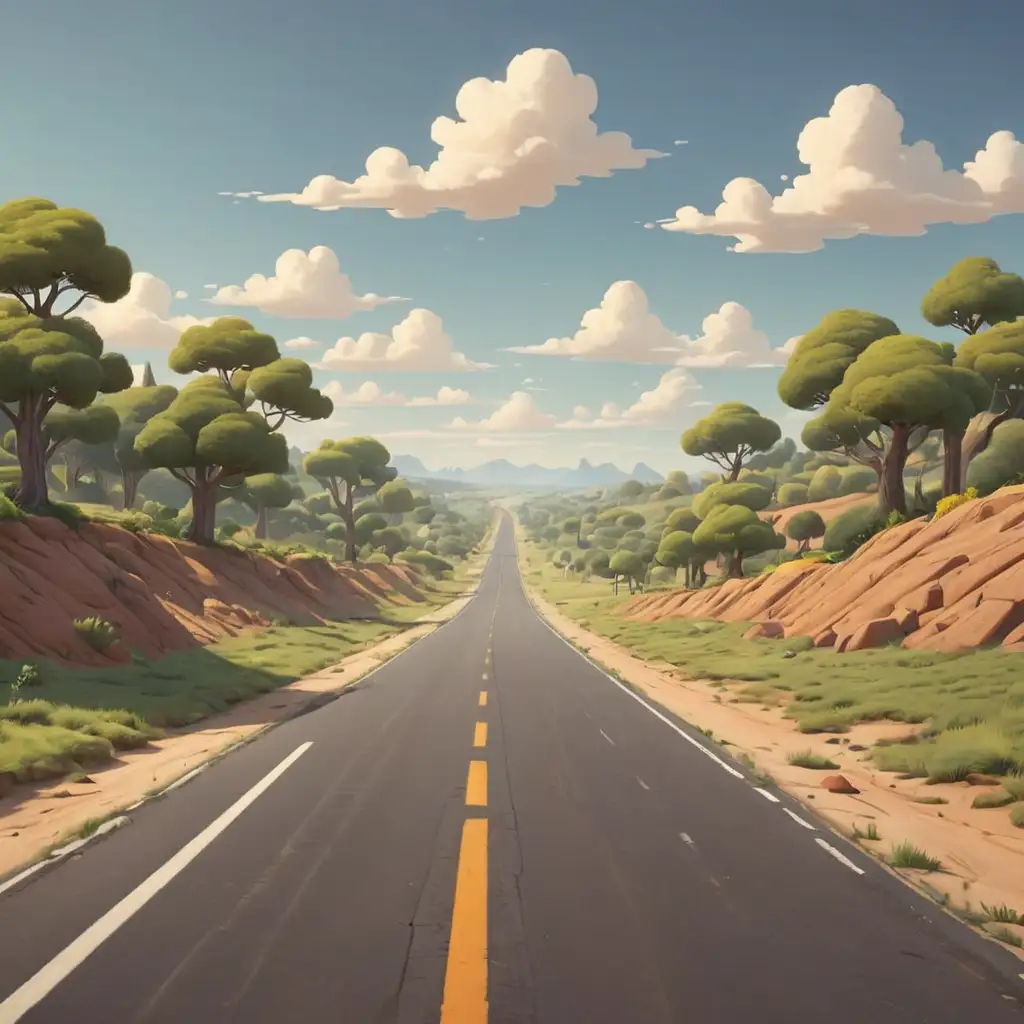 Cartoon-Long-Wide-Road-with-Rolling-Hills-and-Blue-Sky