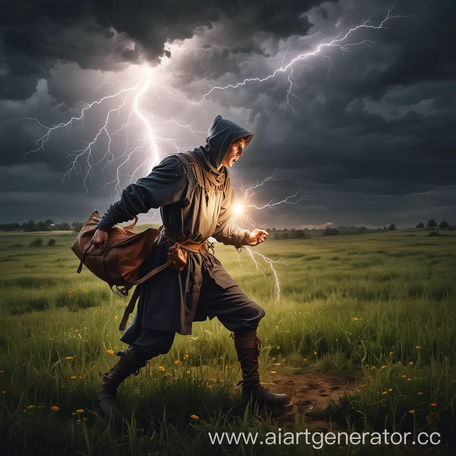 Medieval-Man-Capturing-Lightning-in-a-Field