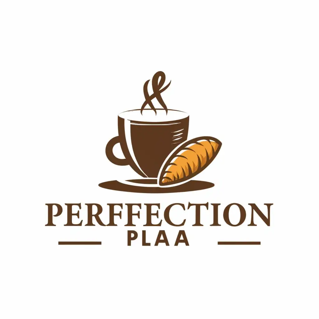 a logo design,with the text "Perfection Plaza", main symbol:Coffee Cup and Croissant,Minimalistic,be used in Internet industry,clear background