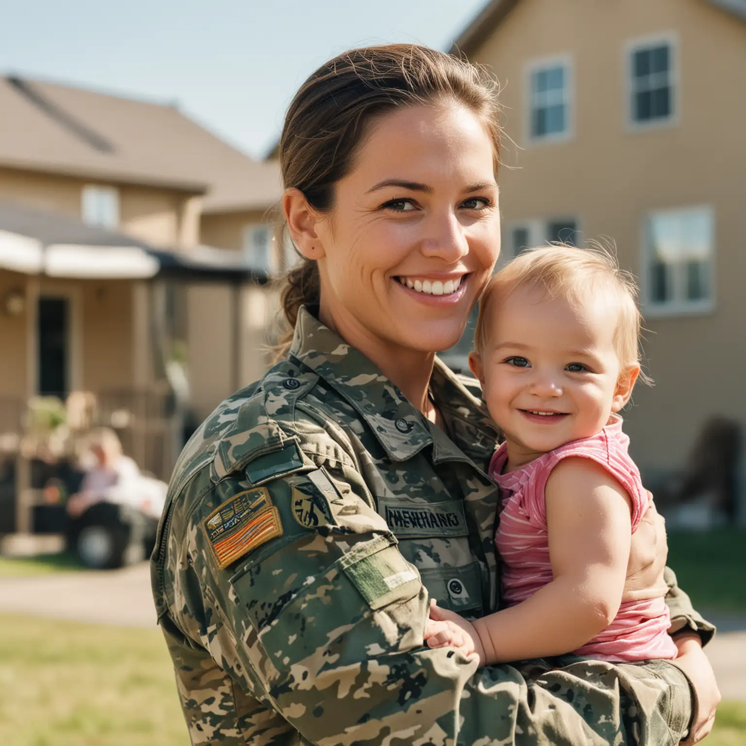 Joyful Mother in Army Fatigues Holding Toddler with Home Background
