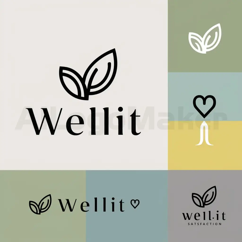 a logo design,with the text "wellit", main symbol: Symbol options: A stylized leaf, checkmark, or heart symbolizing wellness and satisfaction. The symbol should be modern, recognizable, and versatile across different mediums.

Font choice: A sleek and modern sans-serif font, conveying simplicity and ease.

Text: "Wellit" with a slight customization to the lettering for uniqueness. The symbol can be positioned to the left of the text or integrated into the text, such as dotting the 'i' in "Wellit".

Colors: Soft green, light blue, warm yellow, and gray.

(No translation needed),Minimalistic,clear background
