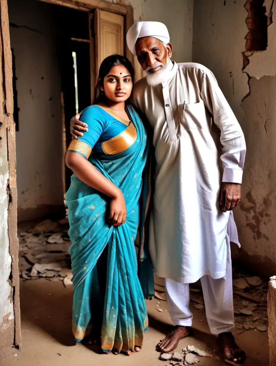 indian beautiful plus size curvy young girl AND 80 YEAR MUSLIM OLD BLACK MAN, intimate sexy pose in a old broken home
