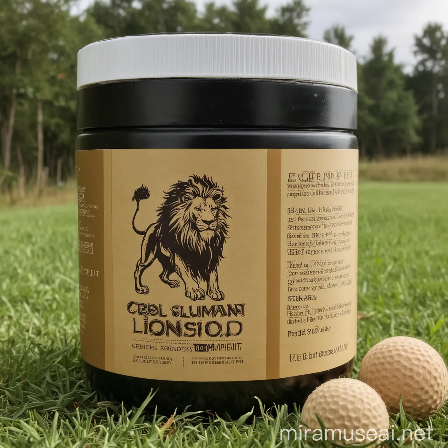 CBD Lions Mane Supplement Label for Golfers Natural Wellness Boost for Golf Performance