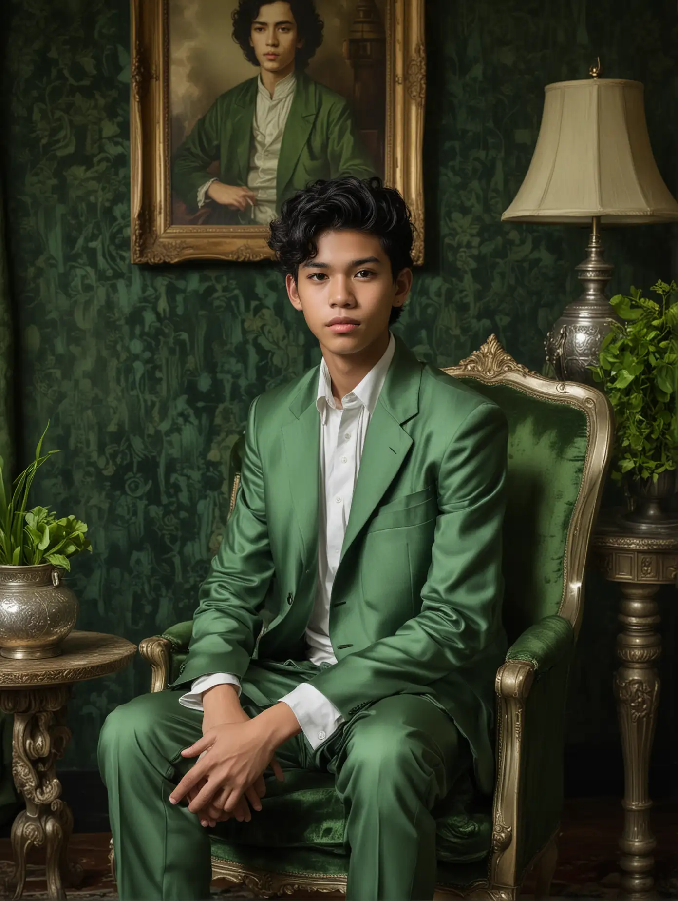 a 16 year old Indonesian man with white skin, wavy black hair, very handsome. wearing a green jacket and trousers, expression sly, sitting on a green velvet chair in a spacious room with silver and green decorations, paintings, lamps, and carpets.