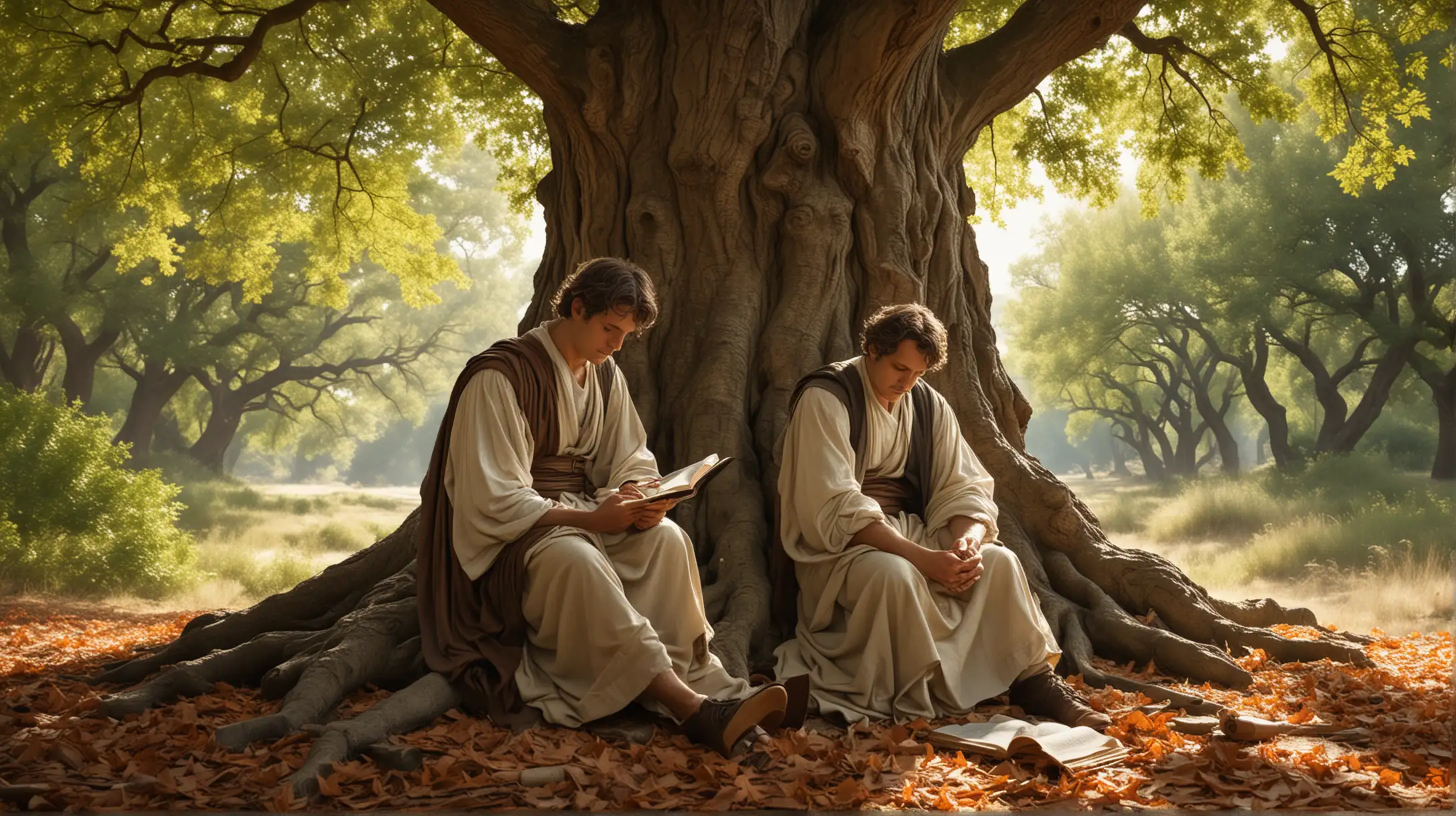 Visualization: Generate an illustration of a philosopher sitting beneath a sprawling oak tree, writing in a leather-bound scroll. His expression is serene, his surroundings imbued with a sense of timeless wisdom and tranquility.
Image Description: In this peaceful woodland scene, we see a Greek philosopher seated beneath a majestic oak tree, his lean and muscular form hunched over a leather-bound scroll. The dappled sunlight filters through the leaves, casting a gentle glow on his serene expression as he pens Stoic insights into the nature of human connections and the pursuit of virtue.