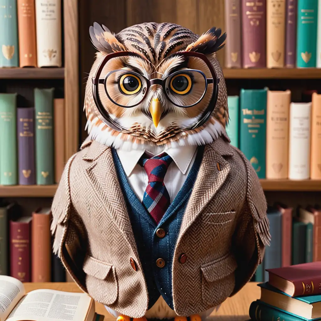 Intelligent Owl Professor Surrounded by Books in Tweed Jacket
