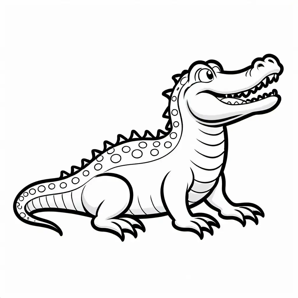 Cartoon alligator in black and white, Coloring Page, black and white, line art, white background, Simplicity, Ample White Space. The background of the coloring page is plain white to make it easy for young children to color within the lines. The outlines of all the subjects are easy to distinguish, making it simple for kids to color without too much difficulty, Coloring Page, black and white, line art, white background, Simplicity, Ample White Space. The background of the coloring page is plain white to make it easy for young children to color within the lines. The outlines of all the subjects are easy to distinguish, making it simple for kids to color without too much difficulty