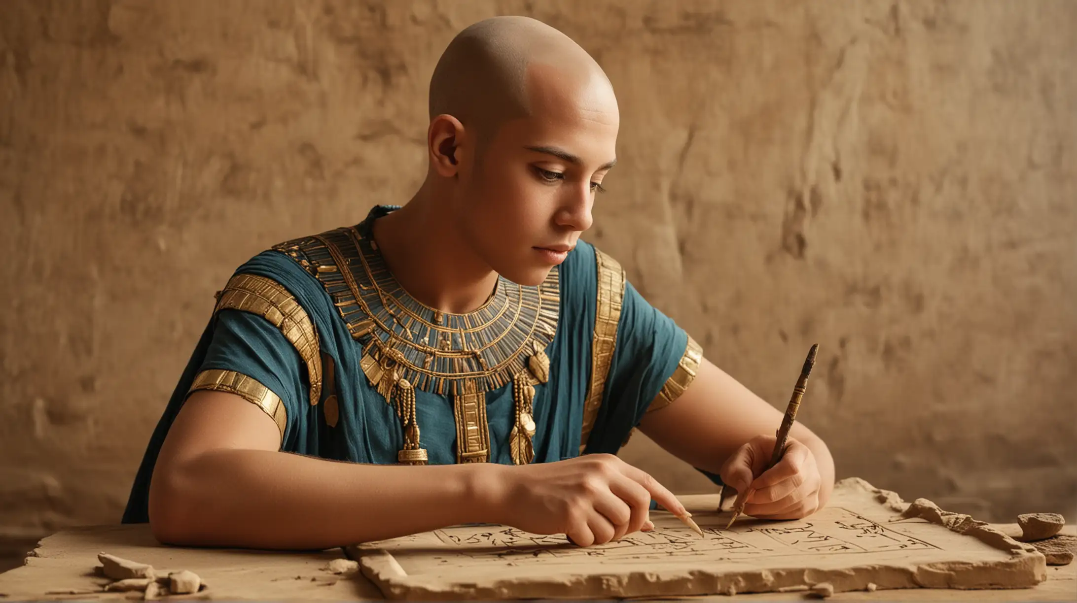 Древний Египет, красивый лысый сын фараона в древнеегипетской одежде учится писать палочкой на глиняной табличке