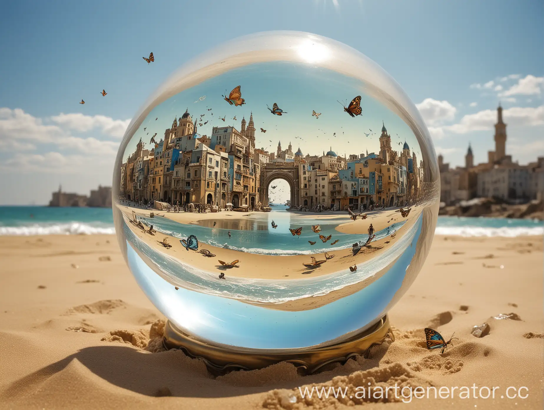 Картина в стиле Сальвадора Дали Море песок хрустальнвй шар бабочки летят город вдали