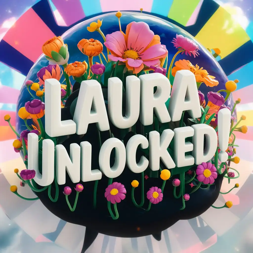 The name in 3d: "Laura Unlocked!” , whimsical flower images surrounding the words, cartoon 3d render, cinematic, typography v0.2, illustration, cinematic, typography, 3d render lots of bright colours