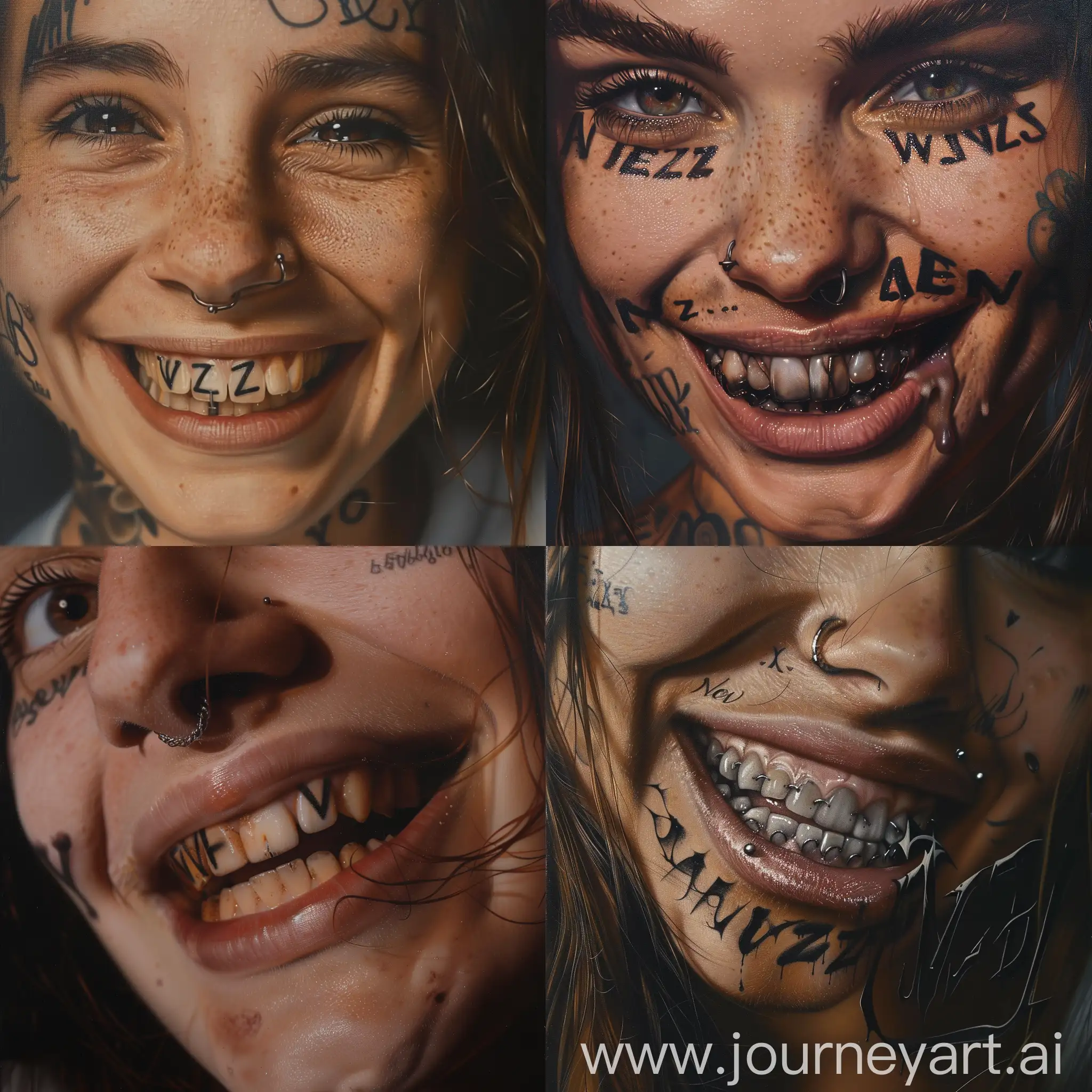 Девушка с татуировкой на лице улыбается, на верхних зубах черные буквы в следующем порядке "NevZ". Фото крупным планом. Фотореализм