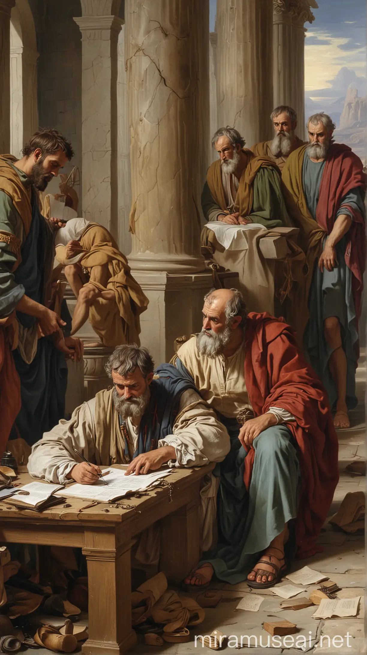 Apostle Paul Writing a Letter with Philetus and Hymenaeus in Discussion