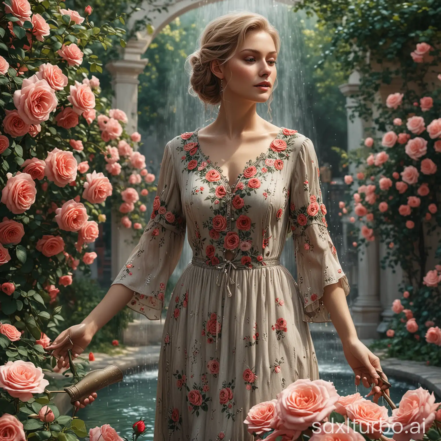 mad for beauty, Fountain garden background with blooming roses, Very detailed clothing decoration, tracing technique, photorealistic,  attractive, lively, with a soul, Silke Leffler, Lisbeth Zwerger, Rebbeca dautremer, romano rizzato, dark colors, All textures are alive, sharp focus, High Quality, 8K. 