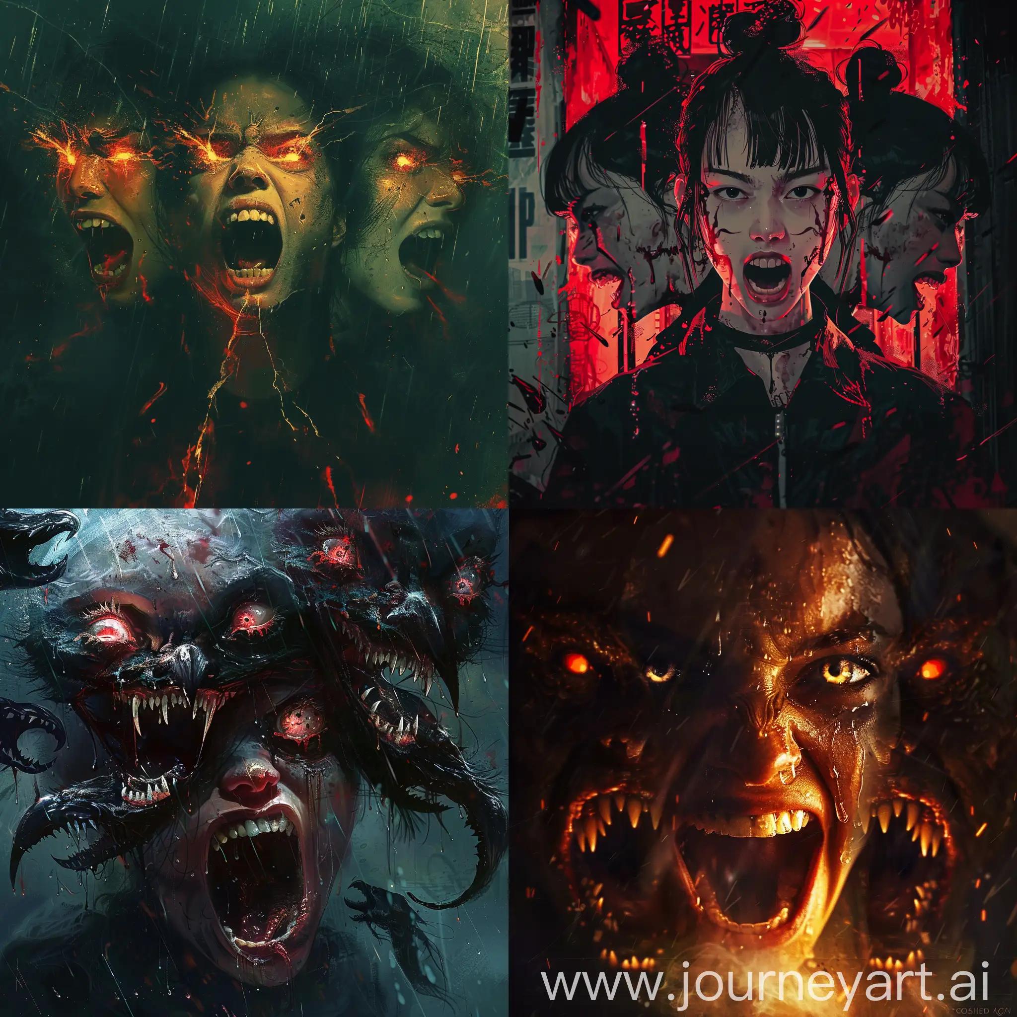 Angry humanoid horror Girl, sharp tooths, unrealistic, 3 heads, open mouth, rainy night, opium bird, Horror, Dark, red firing eyes