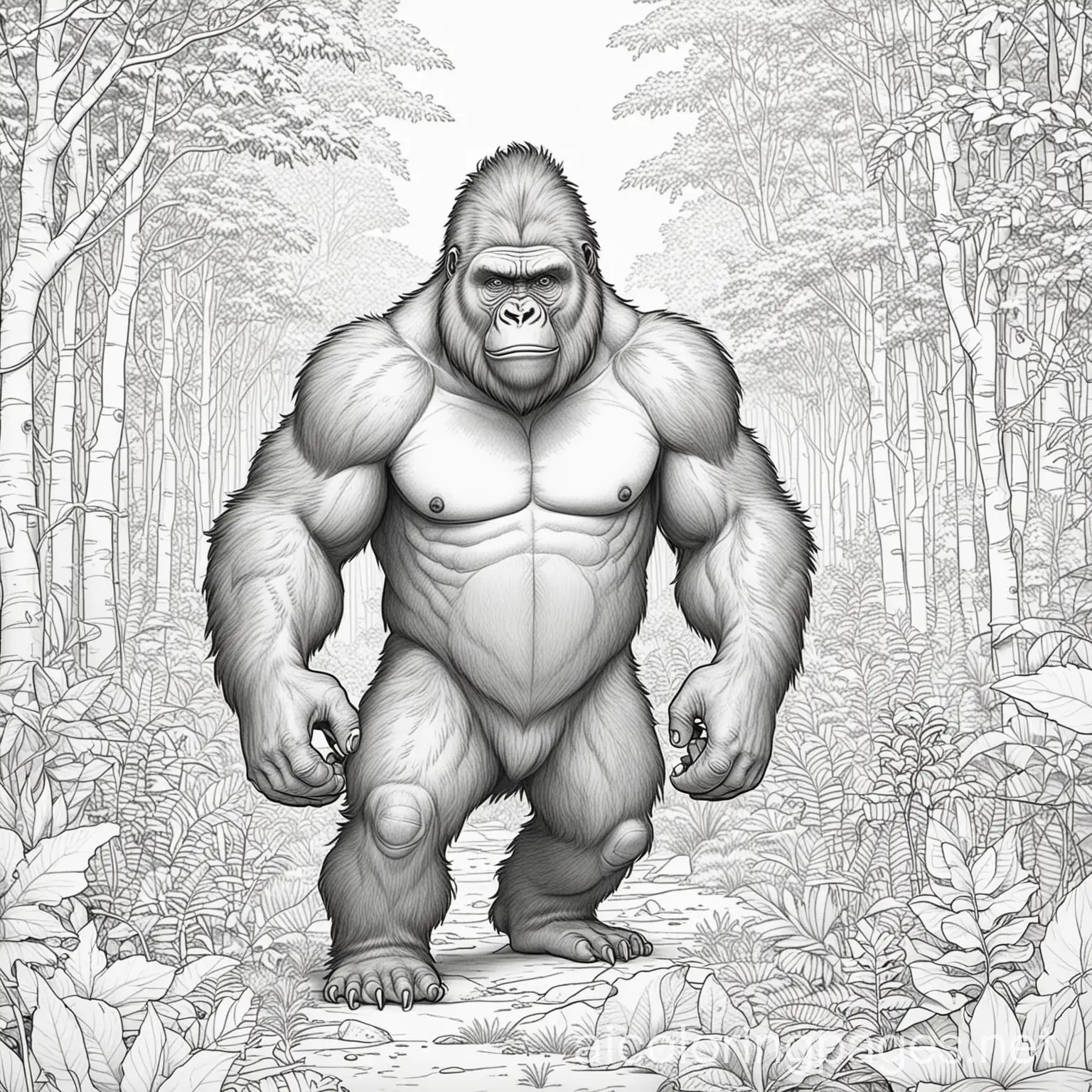 colouring book forest gorilla with action moment, Coloring Page, black and white, line art, white background, Simplicity, Ample White Space. The background of the coloring page is plain white to make it easy for young children to color within the lines. The outlines of all the subjects are easy to distinguish, making it simple for kids to color without too much difficulty, Coloring Page, black and white, line art, white background, Simplicity, Ample White Space. The background of the coloring page is plain white to make it easy for young children to color within the lines. The outlines of all the subjects are easy to distinguish, making it simple for kids to color without too much difficulty