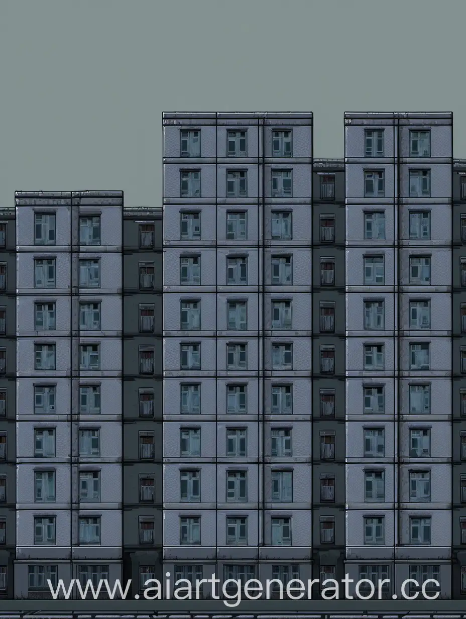 Сгенерируй пикселтные серые панельные дома в россии для фона в хоррор игре 