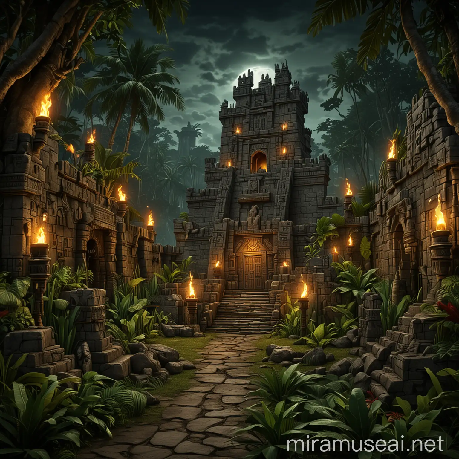 Aztec Castle Amidst Amazon Jungle Cartoonish Gaming Slot with Torches in Dark Night