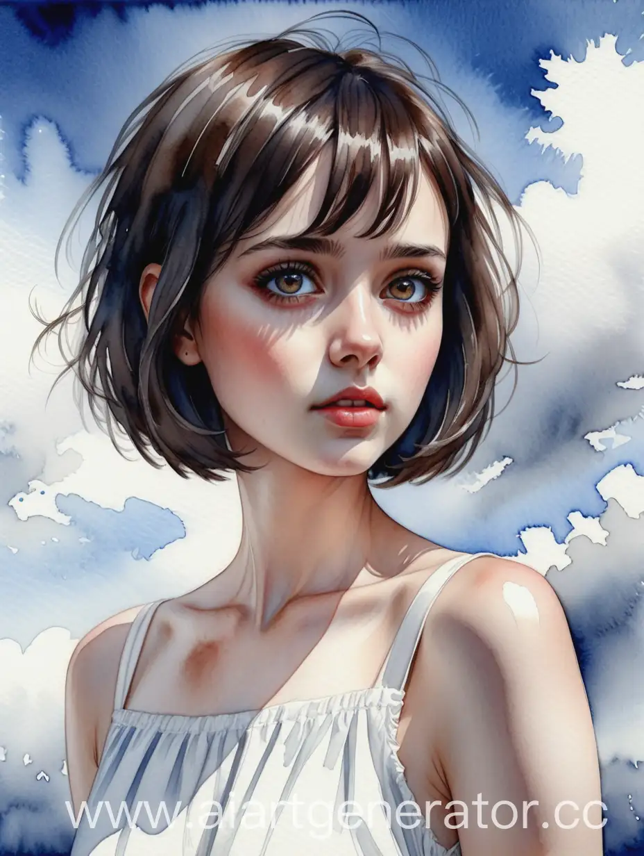 Ethereal-Beauty-English-Watercolor-Portrait-of-a-Girl-in-White-Dress-Under-Blue-Sky