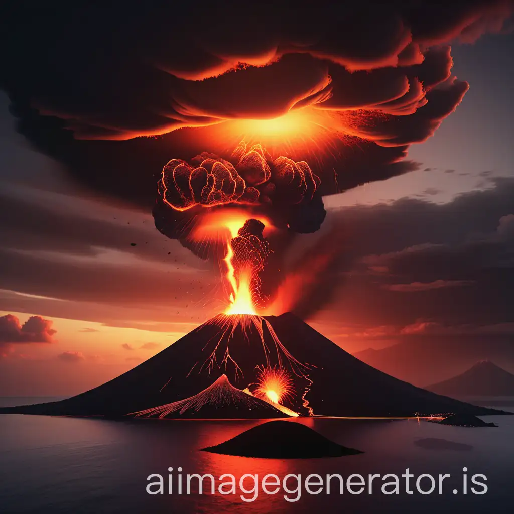 a sunset, with an island and a volcano in eruption