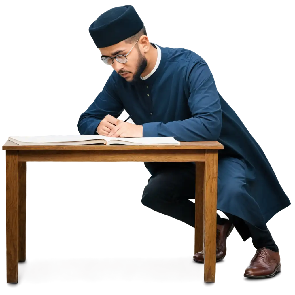 muslim men teacher write something in book on  the table