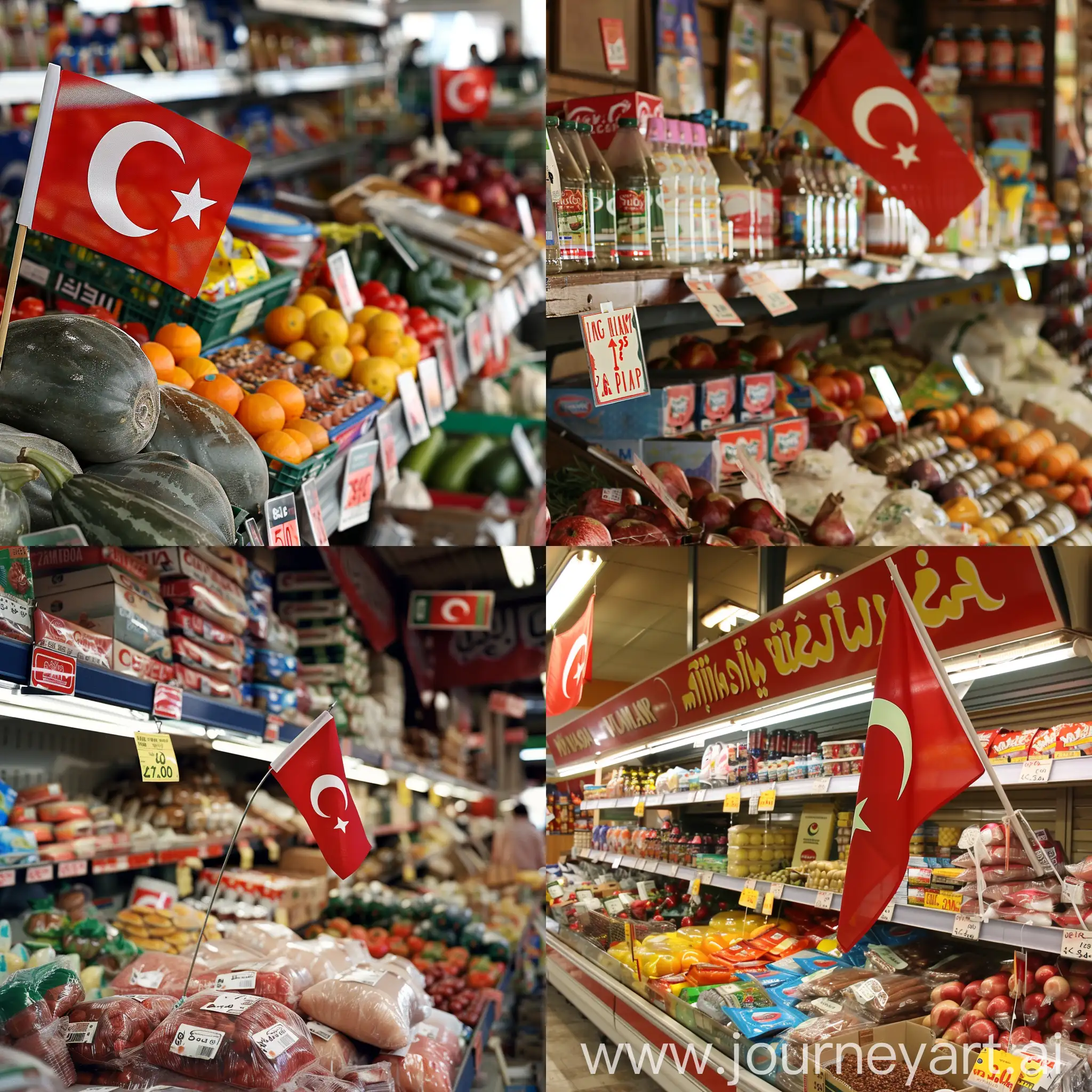 shops, groceries, price tags, one small turkish flag