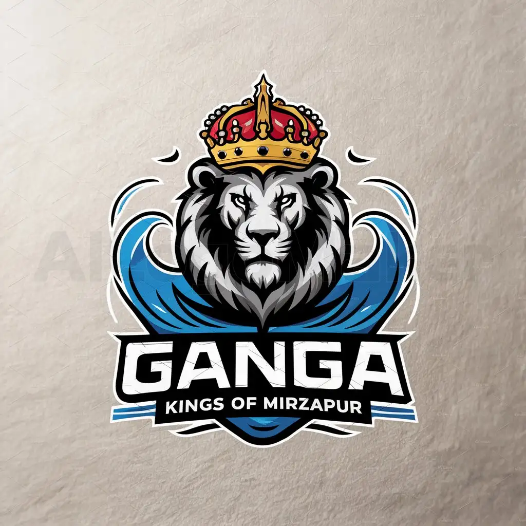 a logo design,with the text "Ganga, Kings of Mirzapur", main symbol:A lion wearing a crown with blue water waves,Moderate,be used in Sports Fitness industry,clear background
