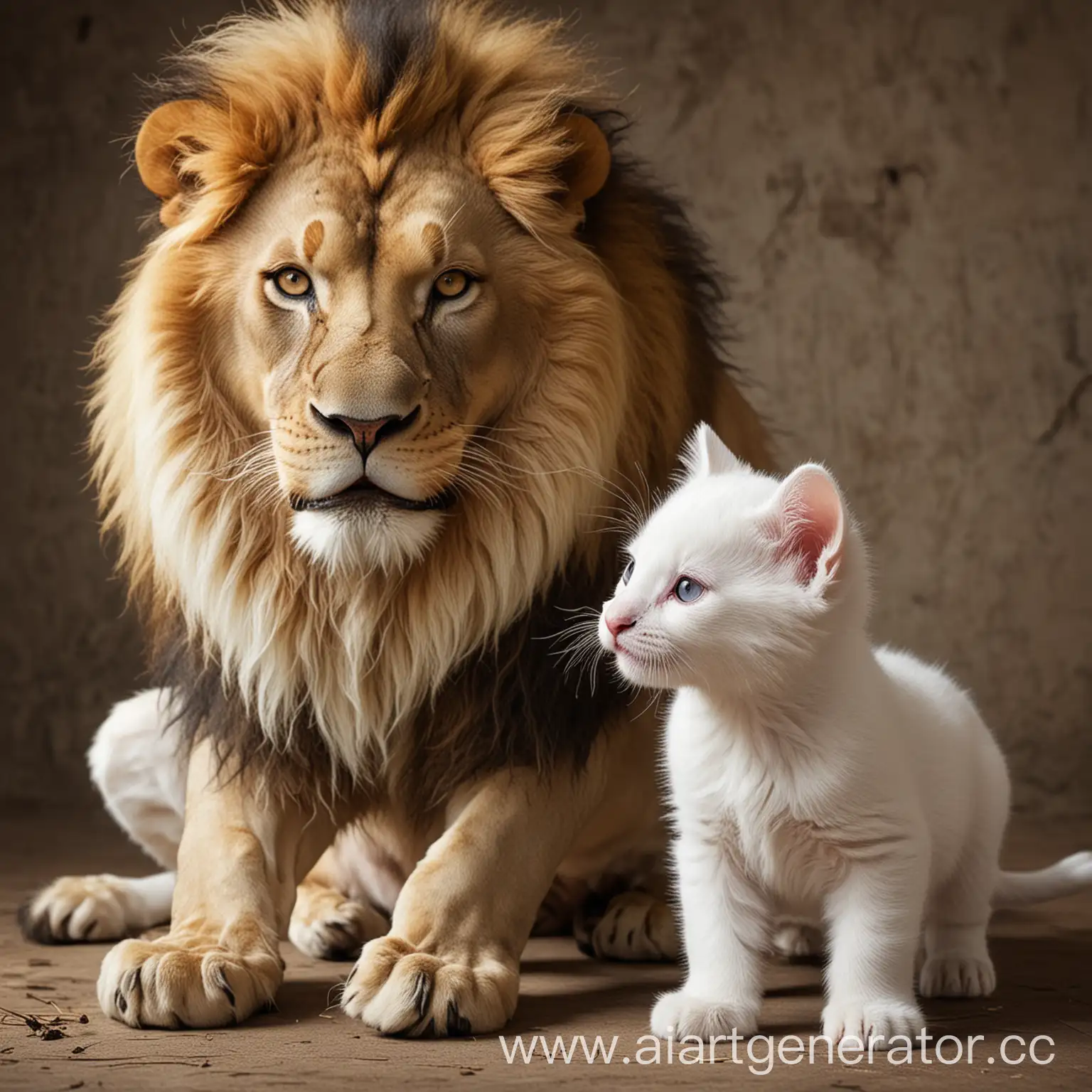 Majestic-Lion-with-White-Kitten-in-Serene-Wilderness