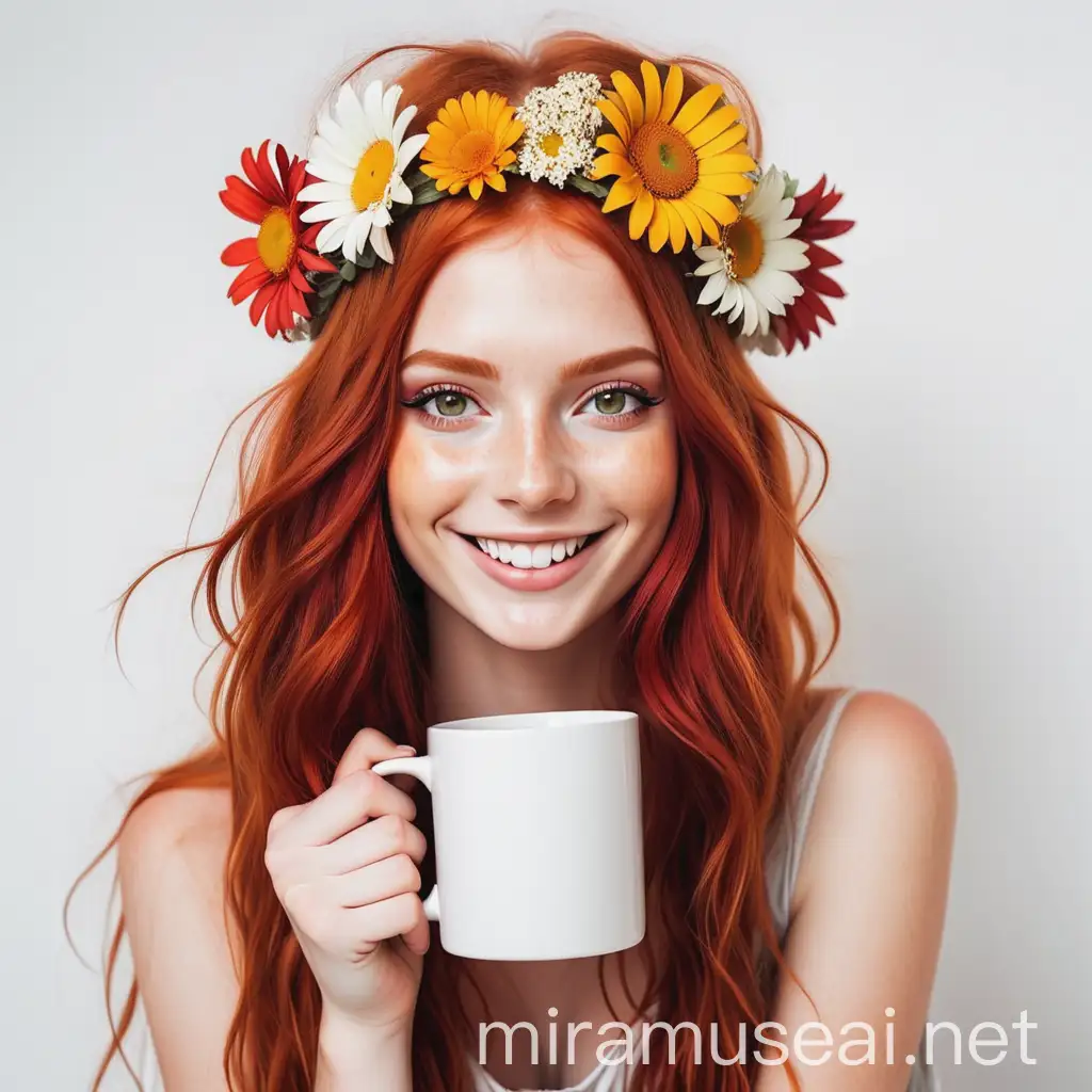 Beautiful RedHaired Hippie Girl with Flowers and Mug