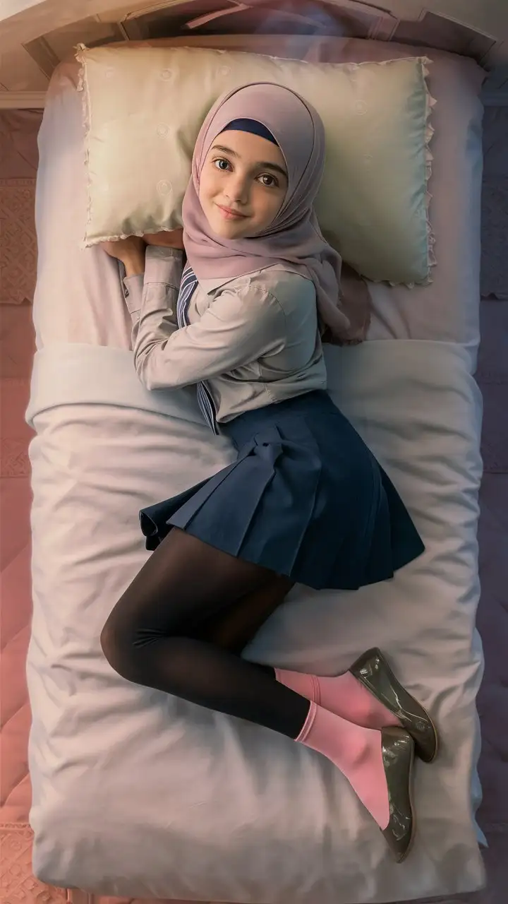 A arabian beautiful girl.  14 years old. She wears a hijab, skinny shirt, so mini school skirt, black opaque tights, pink socks, Small feets,
She is beautiful. She lie on the bed.
Bird's eye view, From behind, turn back, looks back