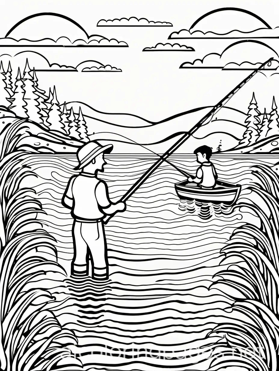father and son fishing precise line art black and white no shading white back round detailed high quality not too many lines cartoonish water simplistic kids coloring book page, Coloring Page, black and white, line art, white background, Simplicity, Ample White Space. The background of the coloring page is plain white to make it easy for young children to color within the lines. The outlines of all the subjects are easy to distinguish, making it simple for kids to color without too much difficulty