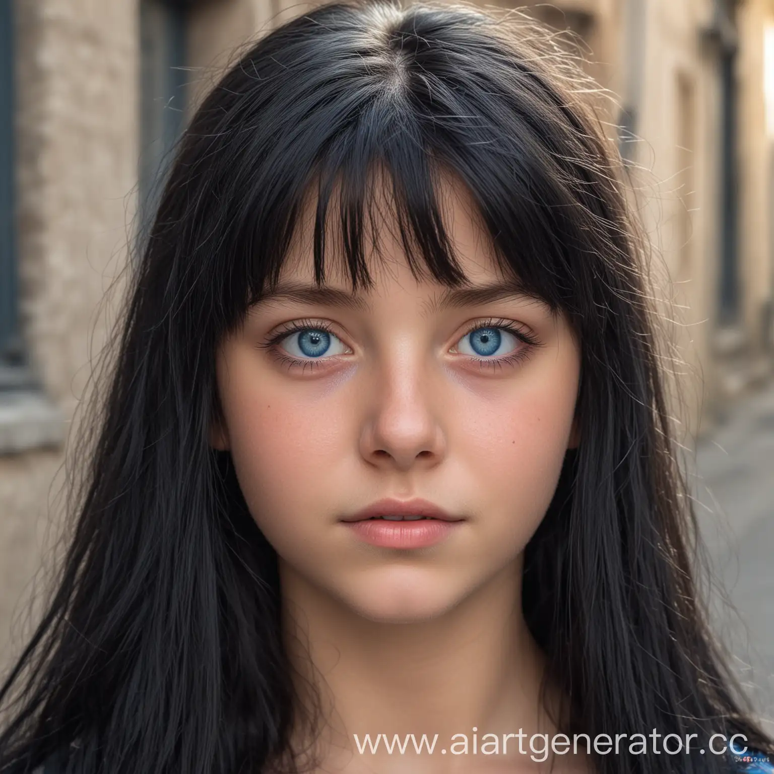 black-haired girl 17 years old blue eyes in street 