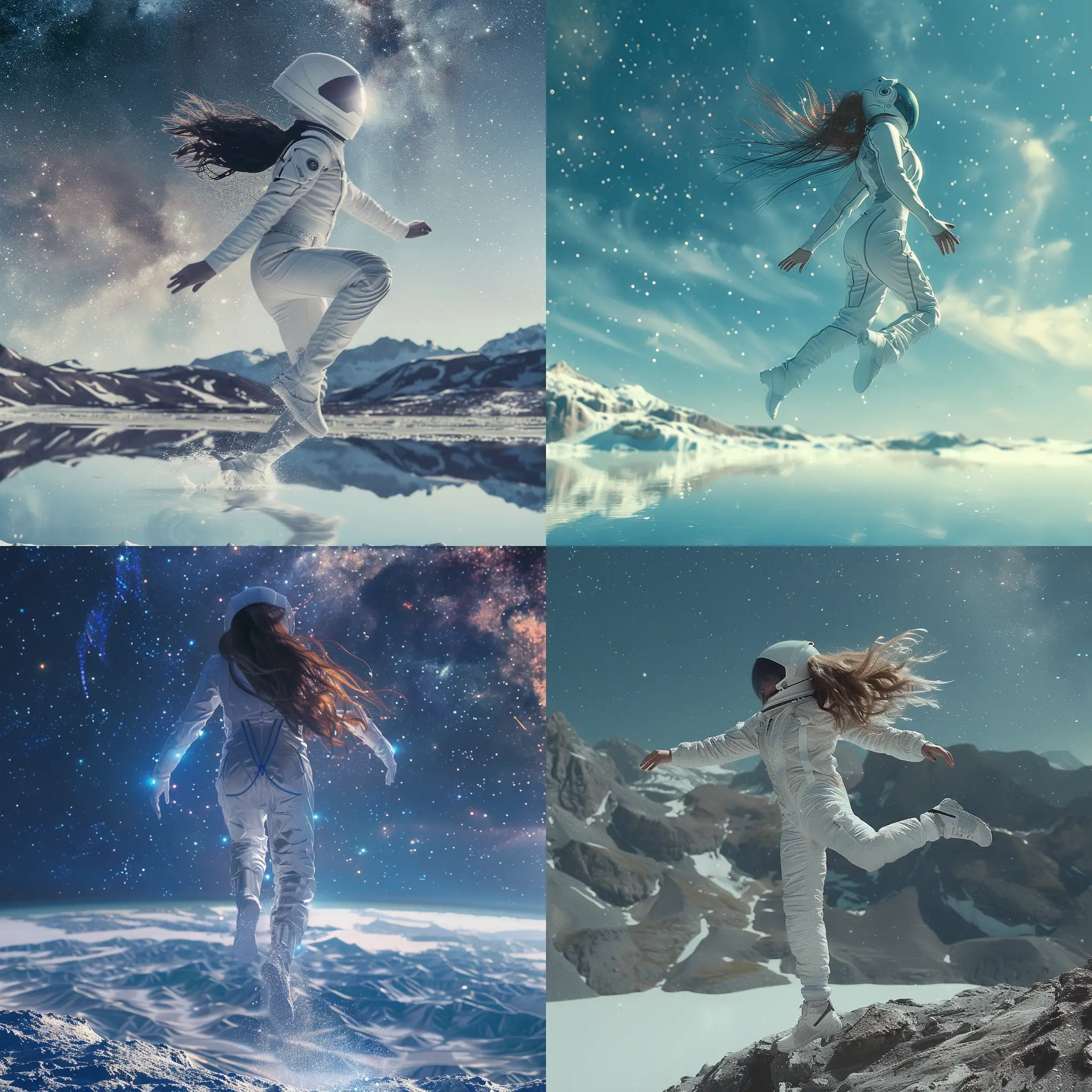Фантастическая планета, изящная девушка в белом космическом костюме летит над землёй, длинные волосы, горизонт, горы,  звёздное небо, белое озеро, 8k, плёночная фотография, ультодетализация, рассеяние света, резкий фокус, высокая детализация  
