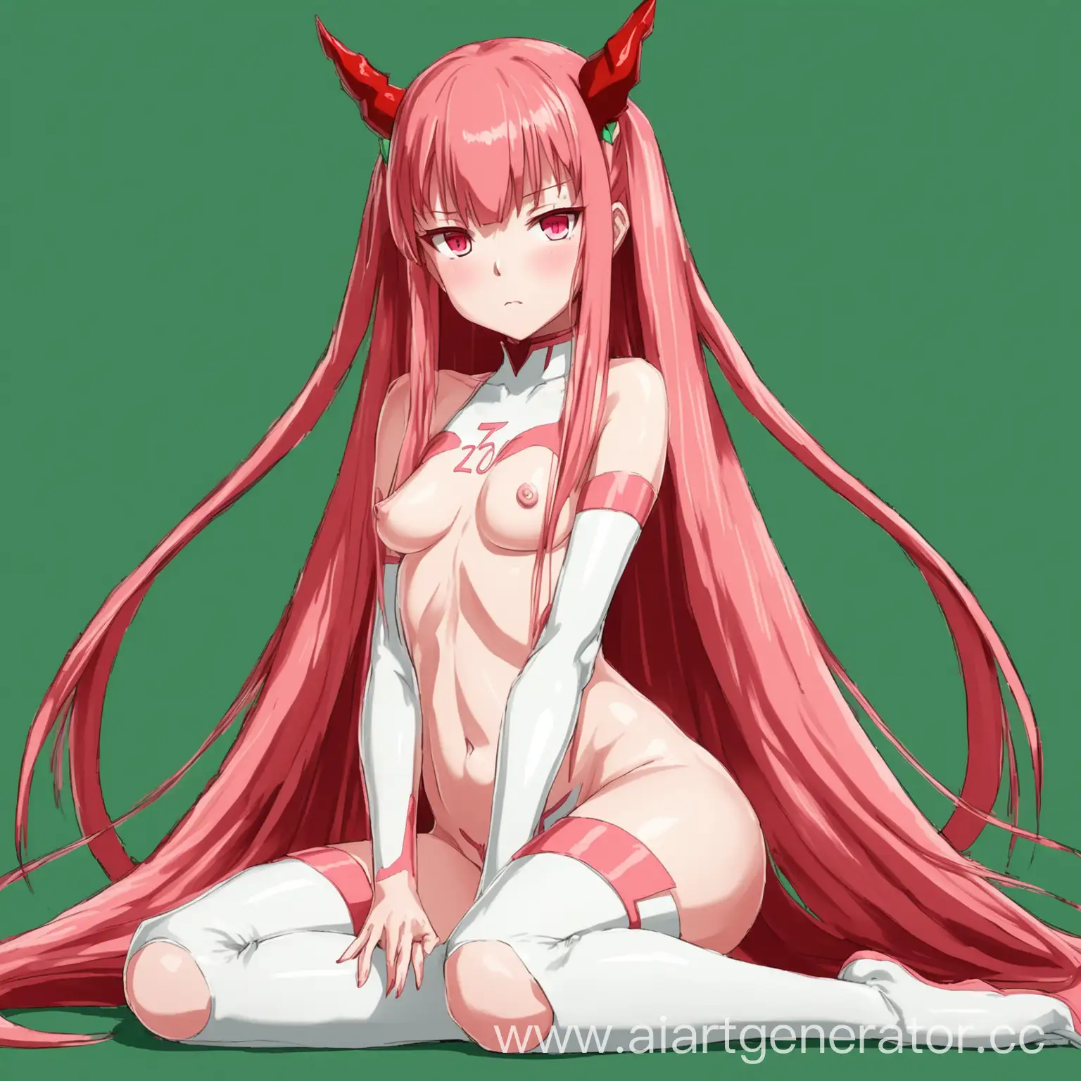 Sexy art of a cute Zero Two full-length hentai with beautiful red horns hair and in a beautiful pose on a green background.