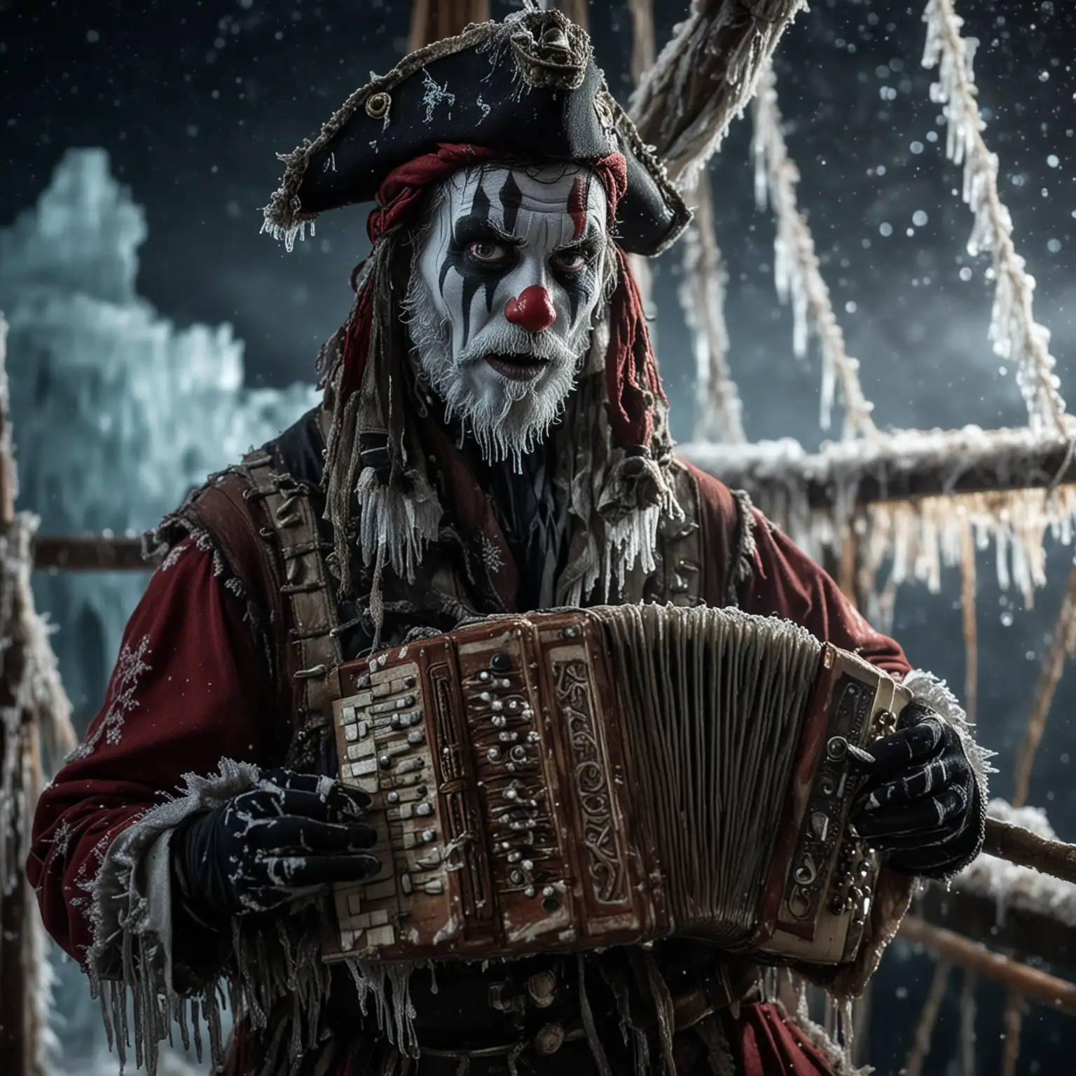 Frozen Harlequin Playing Accordion on Pirate Ship at Night