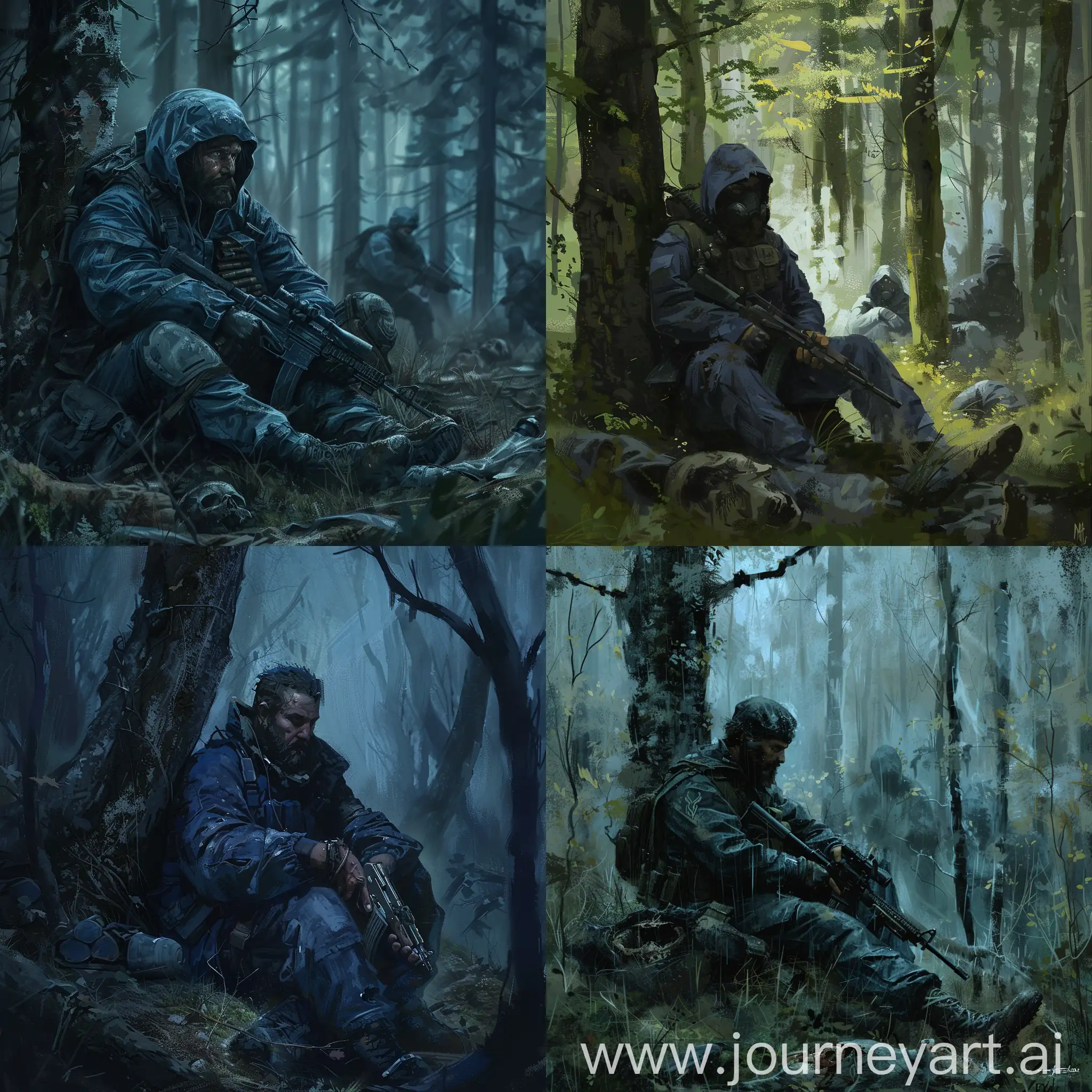 Mercenary-Concealed-in-Forest-Shelter-Amid-Stalker-Corpses